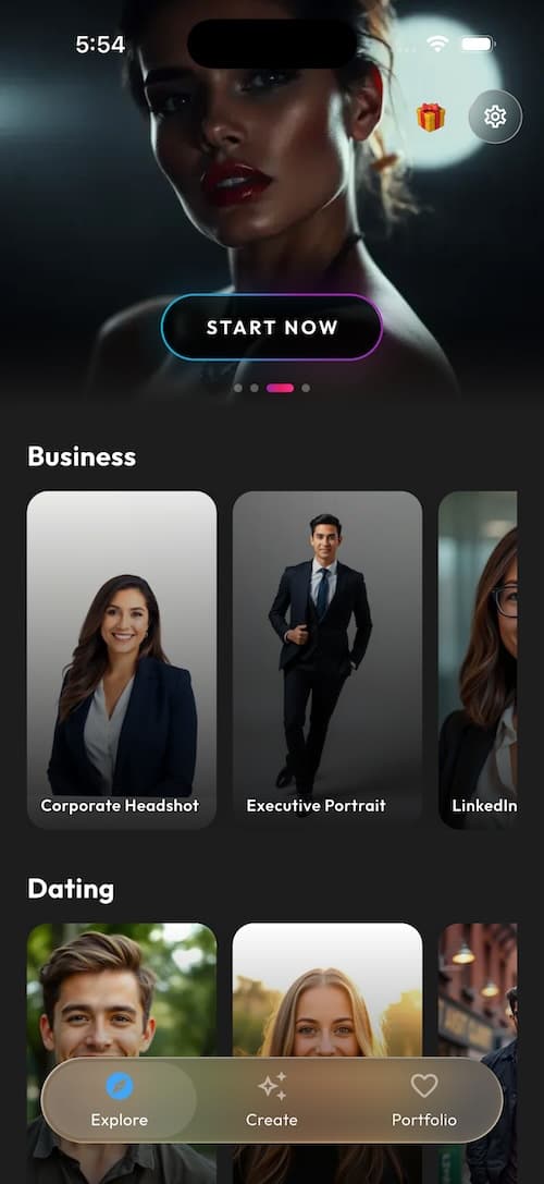 SelfAI AI Photo Studio app preview on iPhone showing AI headshot results